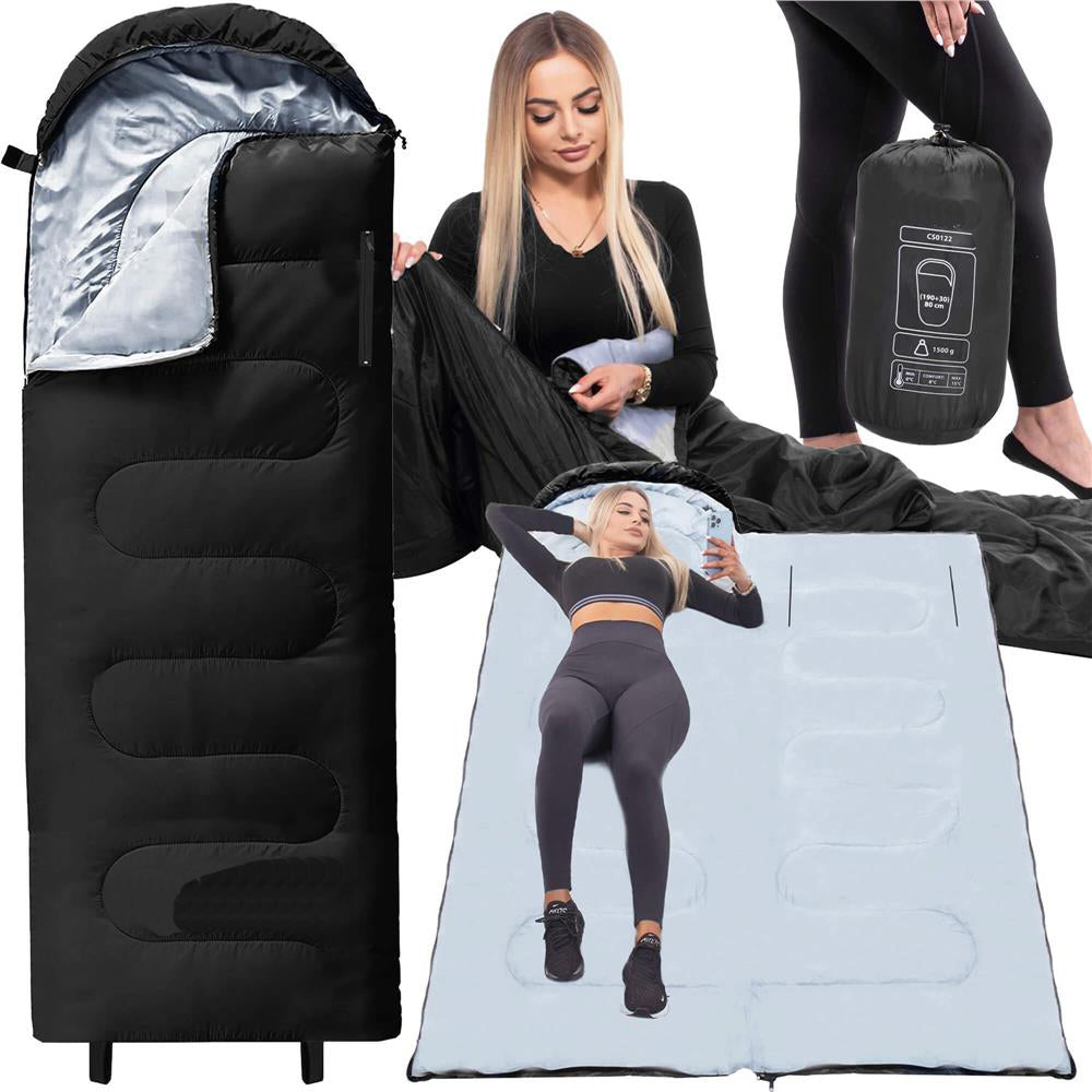 Sac de dormit tip mumie, cu geanta de transport, 220x80cm, 0-15grade, negru