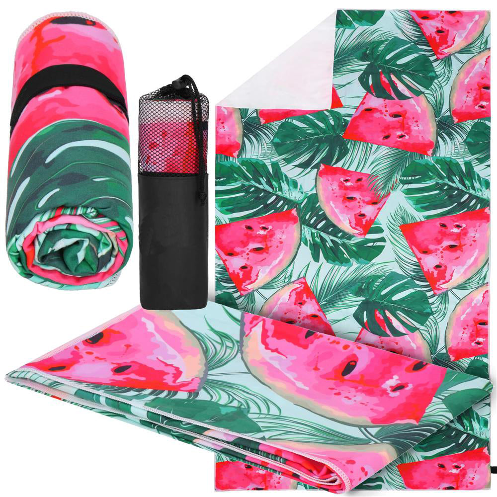 Prosop de plaja cu uscare de rapida, husa de transport, 90x180cm, model pepene verde