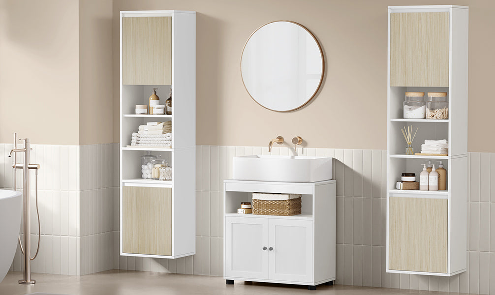 VASAGLE Dulap baie cu montare pe podea sau perete, 7 compartimente, 30x40x160 cm, alb bej