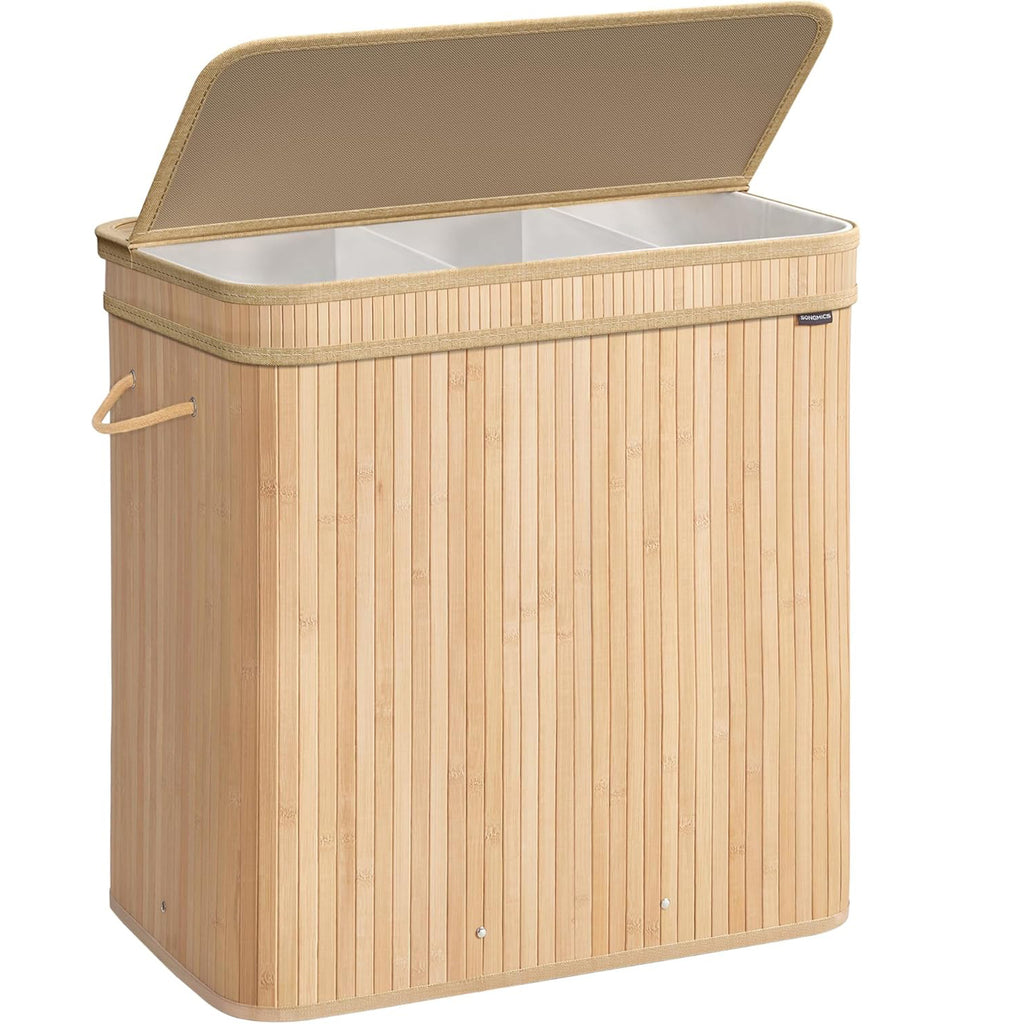 SONGMICS Cos rufe 63x42x61 cm, 150L, pliabil cu capac si sac lavabil, bambus si textil, bej natur