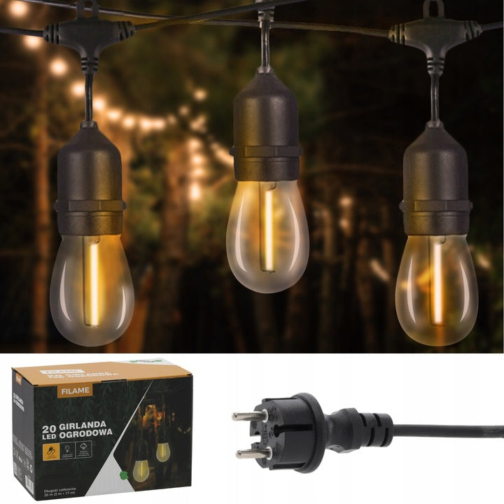 Ghirlanda luminoasa decorativa pentru exterior, alimentare la priza, 20 metri, 20 becuri LED cu iluminare calda 3000K, IP 44
