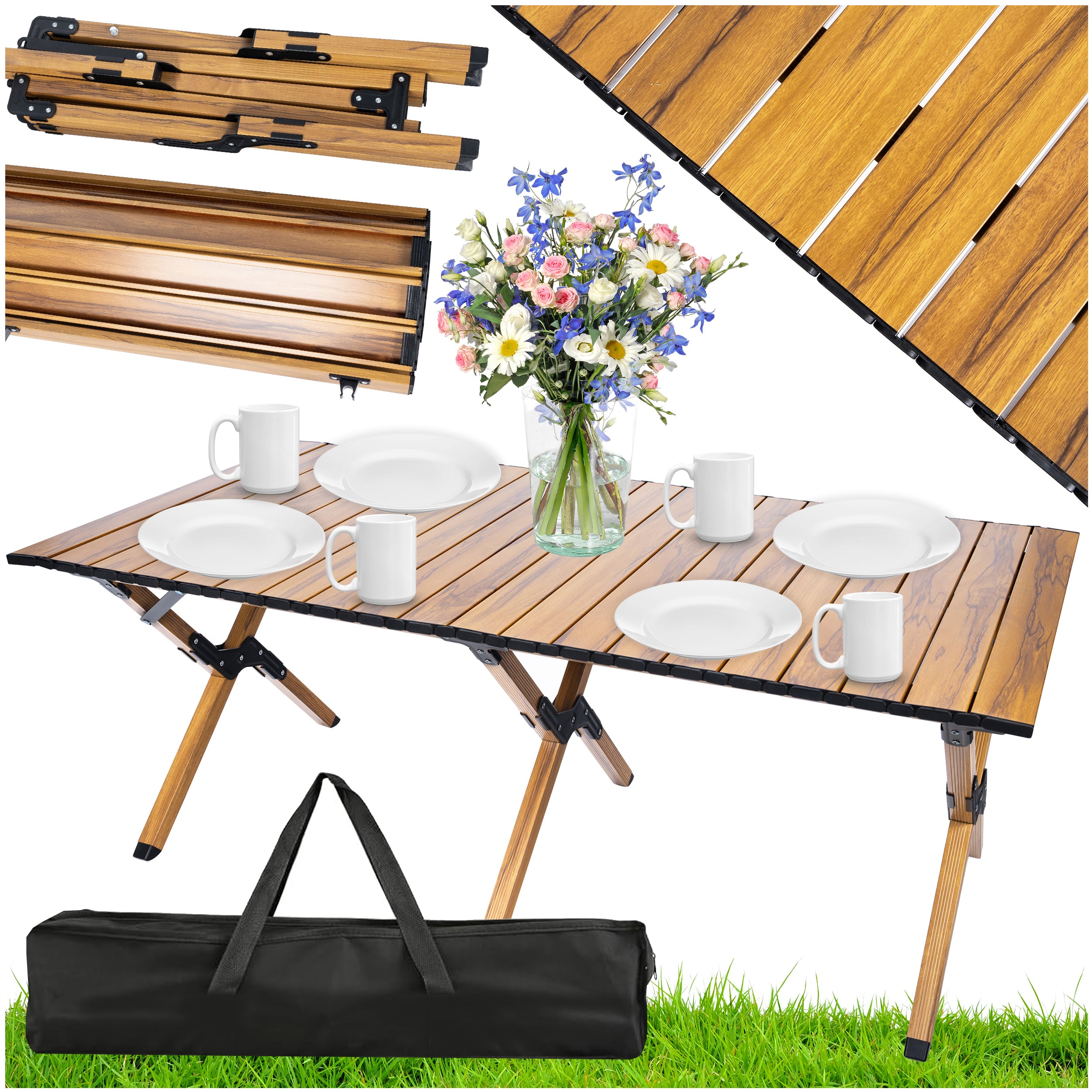 Masa pentru camping cu sistem de pliere rapida, cadru ultra usor din aluminiu, 118x60x45cm, maro