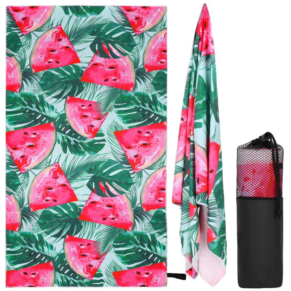 Prosop de plaja cu uscare de rapida, husa de transport, 90x180cm, model pepene verde
