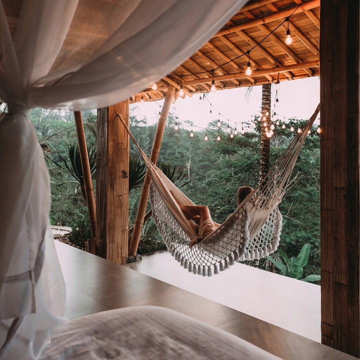 Hamac doua persoane cu franjuri si 2 perne, 200kg, 200×150 cm, bej