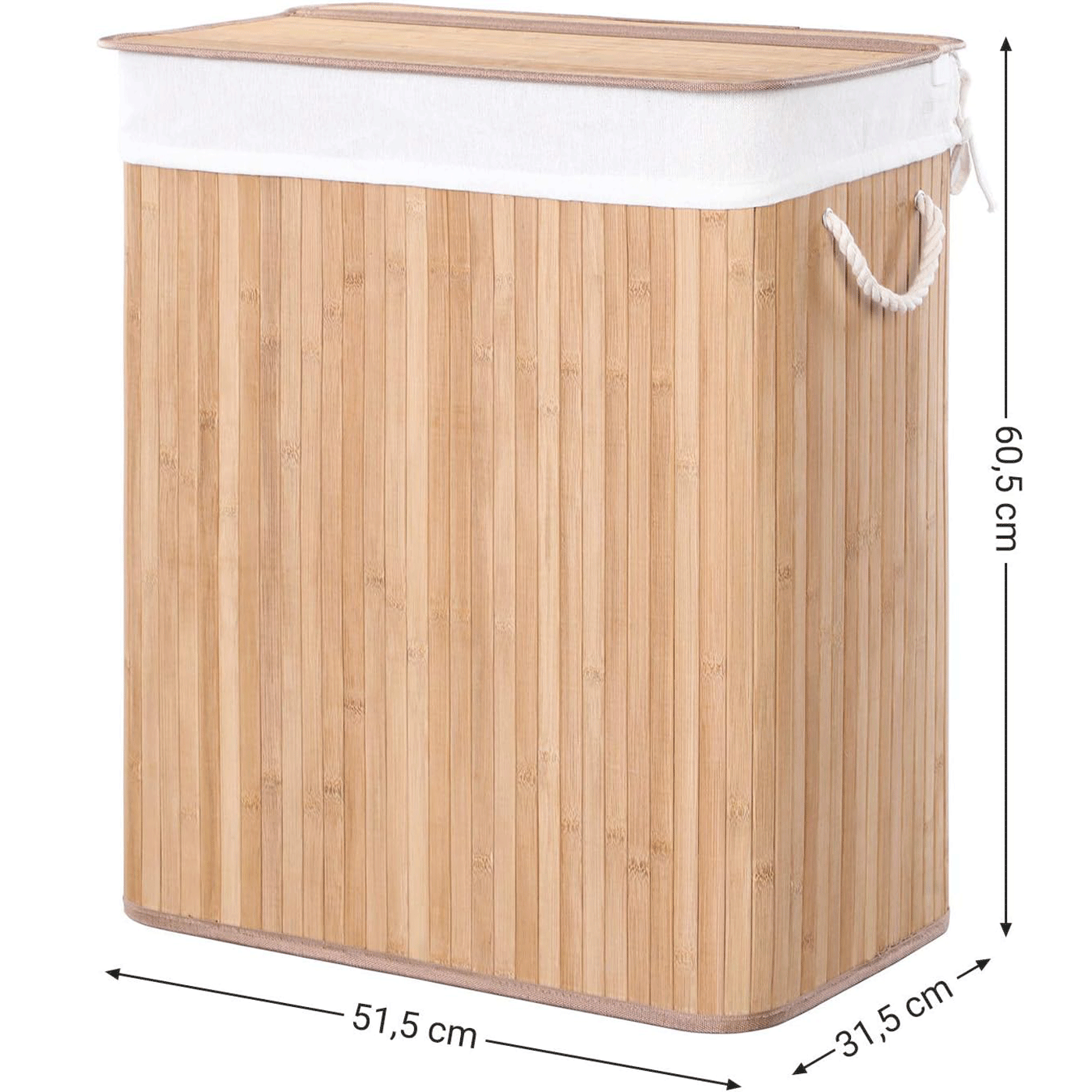 SONGMICS Cos de rufe din bambus cu capac, sac detasabil, volum 100L, 52x32x61 cm, maro