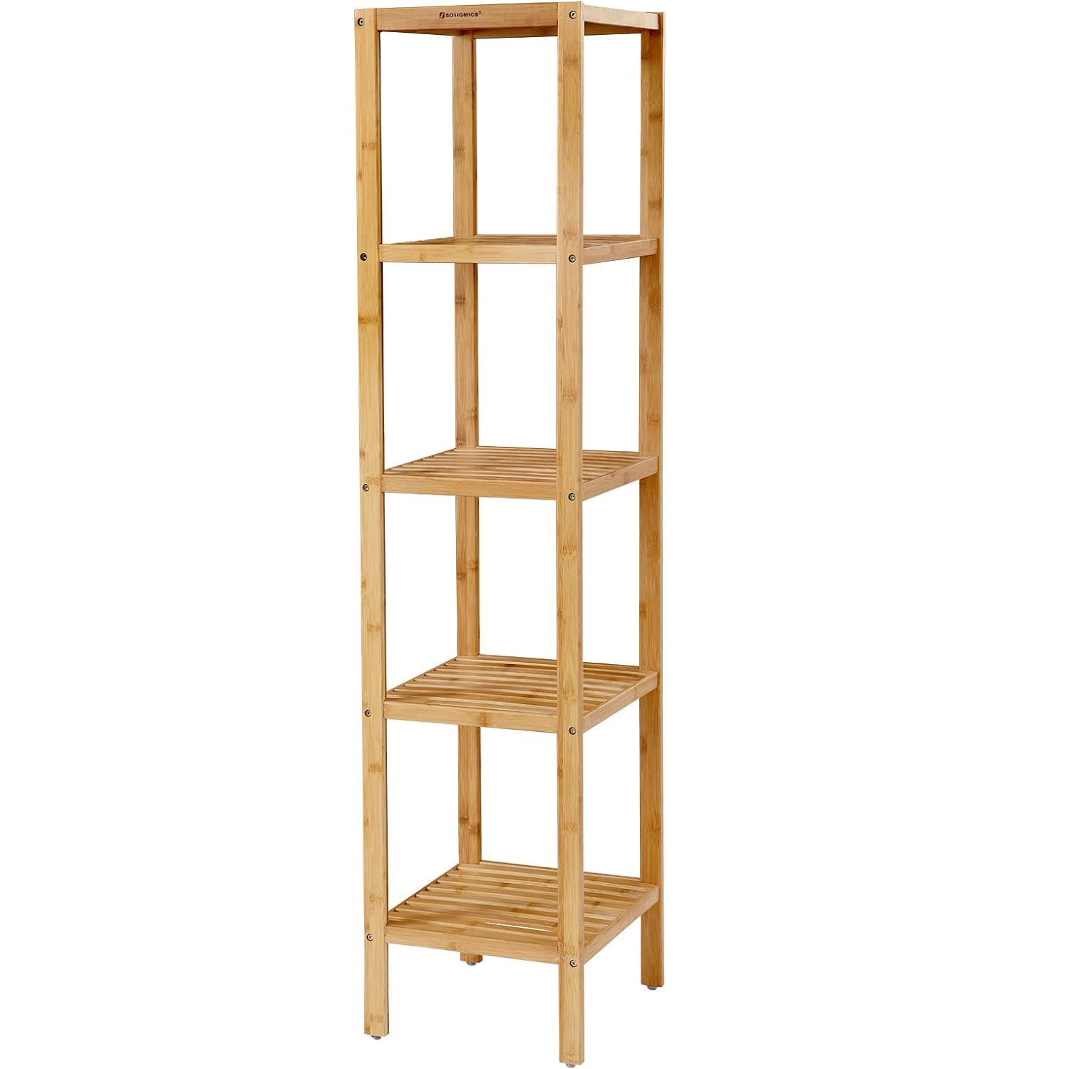 SONGMICS Raft de depozitare din bambus, 5 polite, pentru bucatarie sau baie, 146x33x33cm, maro natural