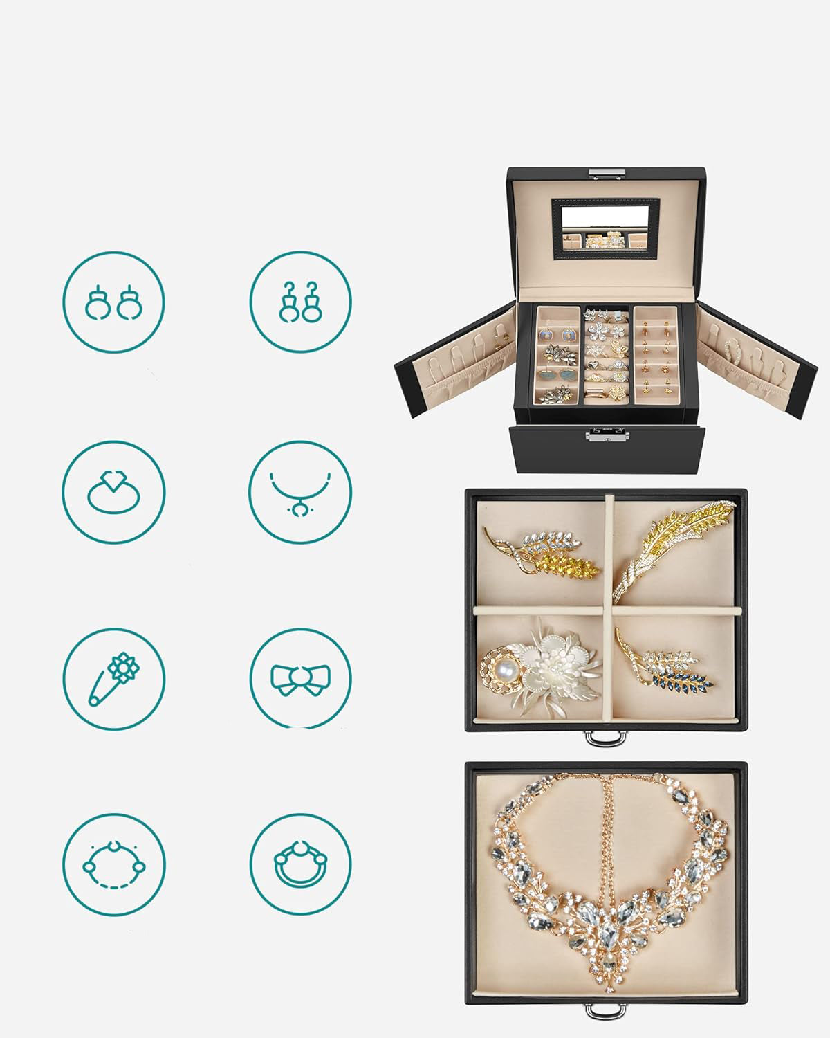 SONGMICS Cutie de bijuterii cu 3 nivele, 2 sertare, oglinda si incuietoare, 14x18x14cm, negru