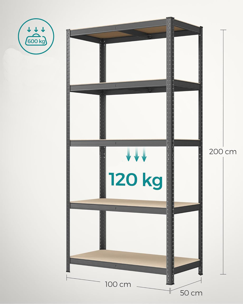 SONGMICS Raft de depozitare metalic, cu rafturi din MDF, 5 polite, max. 600 kg, 200x100x50cm, gri