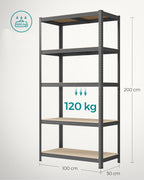 SONGMICS Raft de depozitare metalic, cu rafturi din MDF, 5 polite, max. 600 kg, 200x100x50cm, gri