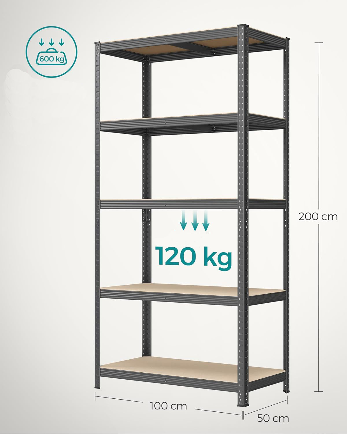 SONGMICS Raft de depozitare metalic, cu rafturi din MDF, 5 polite, max. 600 kg, 200x100x50cm, gri