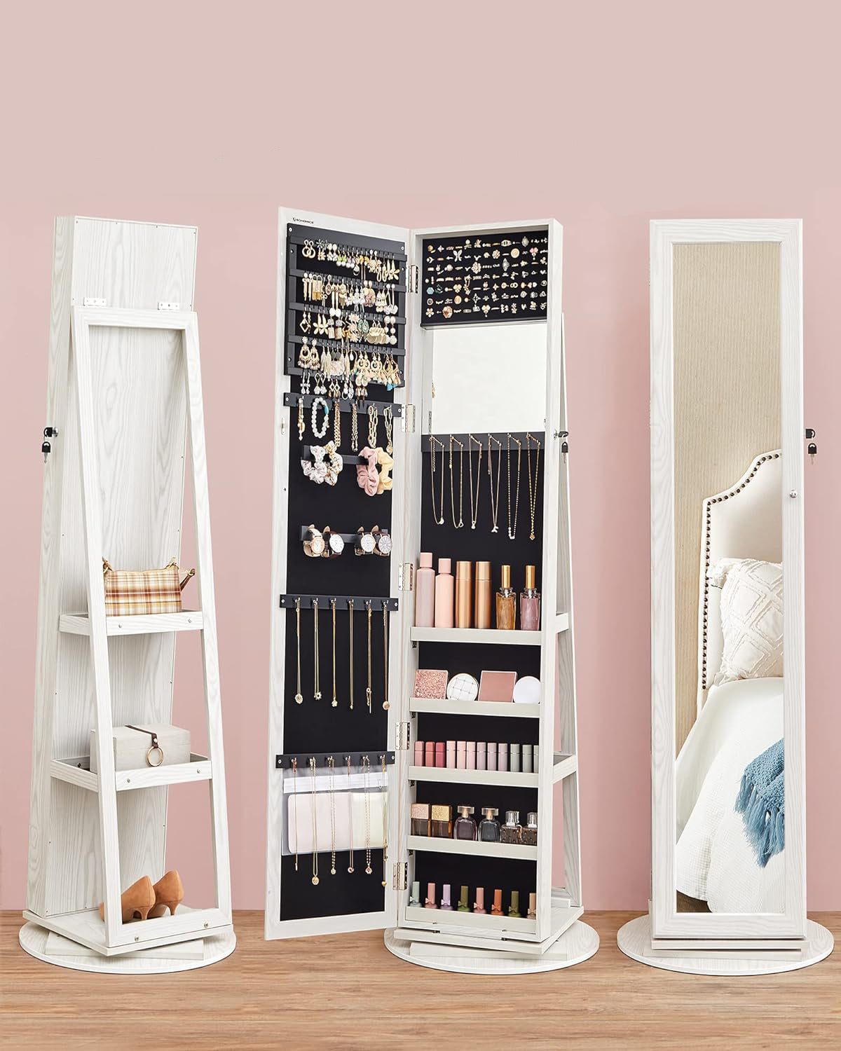 SONGMICS Oglinda de podea cu suport rotativ la 360°, cu spatiu de depozitare, 55x55x161cm, alb cenusiu