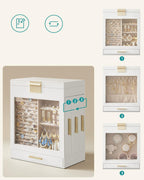 SONGMICS Cutie de bijuterii cu 3 sertare laterale, fereastra si oglinda mare, 16x26x32 cm, alb