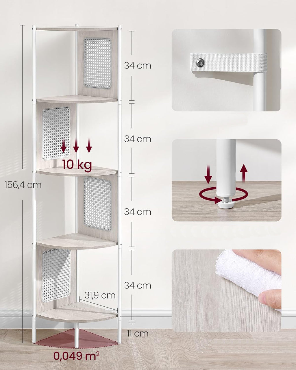 VASAGLE Raft de colt boho, cadru metalic, polite MDF si panouri poliratan, 32x32x156cm, alb