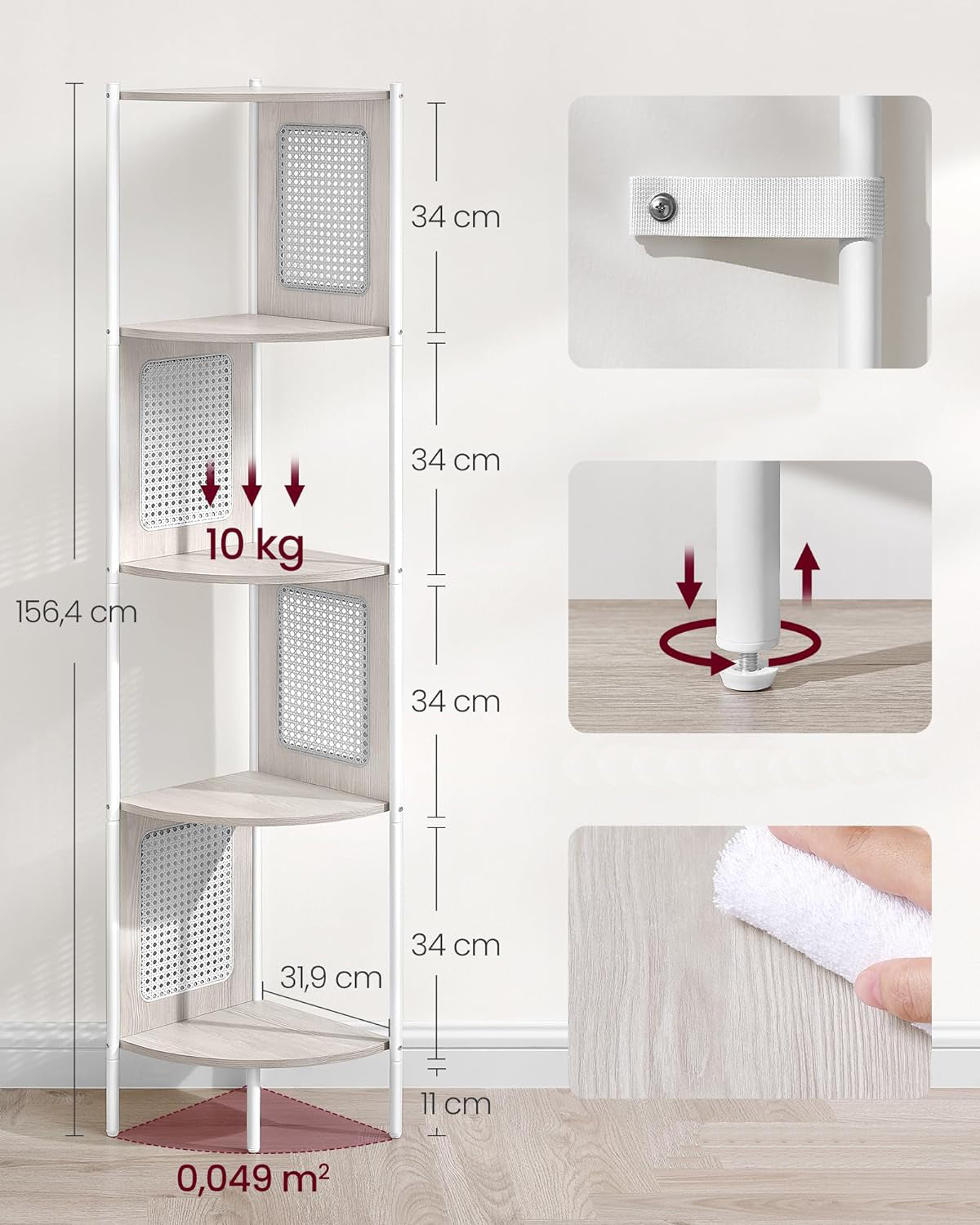 VASAGLE Raft de colt boho, cadru metalic, polite MDF si panouri poliratan, 32x32x156cm, alb