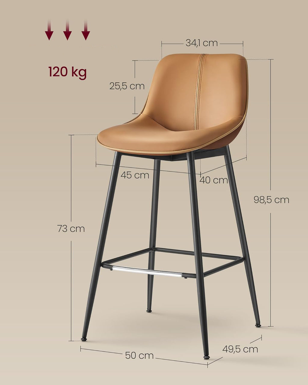VASAGLE Set 2 scaune de bar, spatar ergonomic din piele ecologica, cadru metalic, 50x50x99 cm, maro caramel