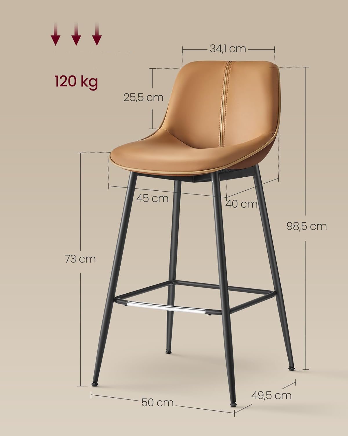 VASAGLE Set 2 scaune de bar, spatar ergonomic din piele ecologica, cadru metalic, 50x50x99 cm, maro caramel