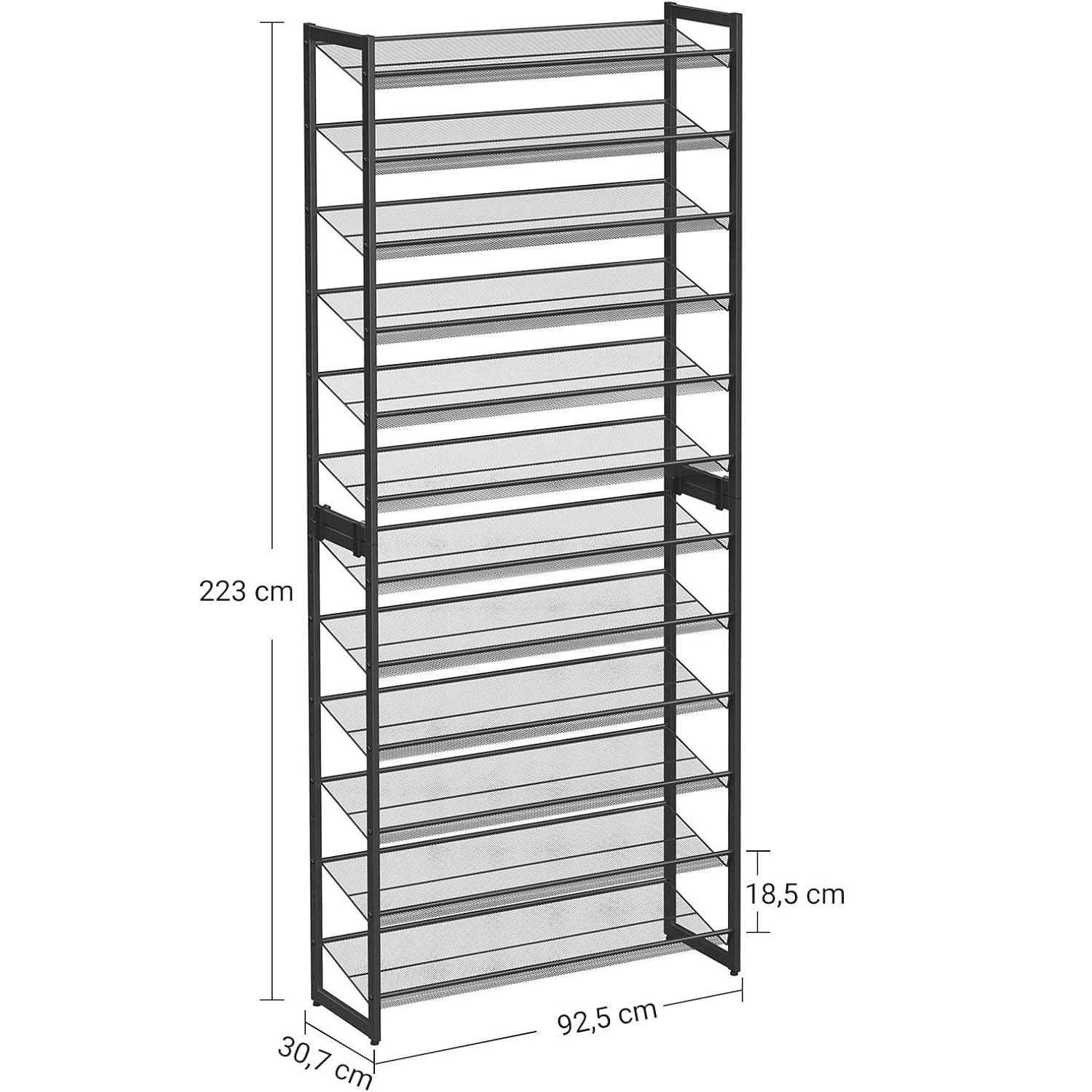 SONGMICS Raft pentru pantofi suprapozabil, pe 12 nivele, din metal, cu rafturi reglabile, pentru 48-60 perechi, 31x 93x223cm, negru