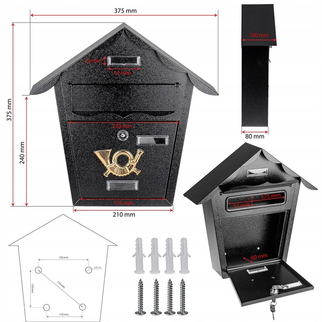 Cutie postala eleganta din metal negru, design clasic cu emblema aurie, rezistenta la intemperii, 38x38x10cm