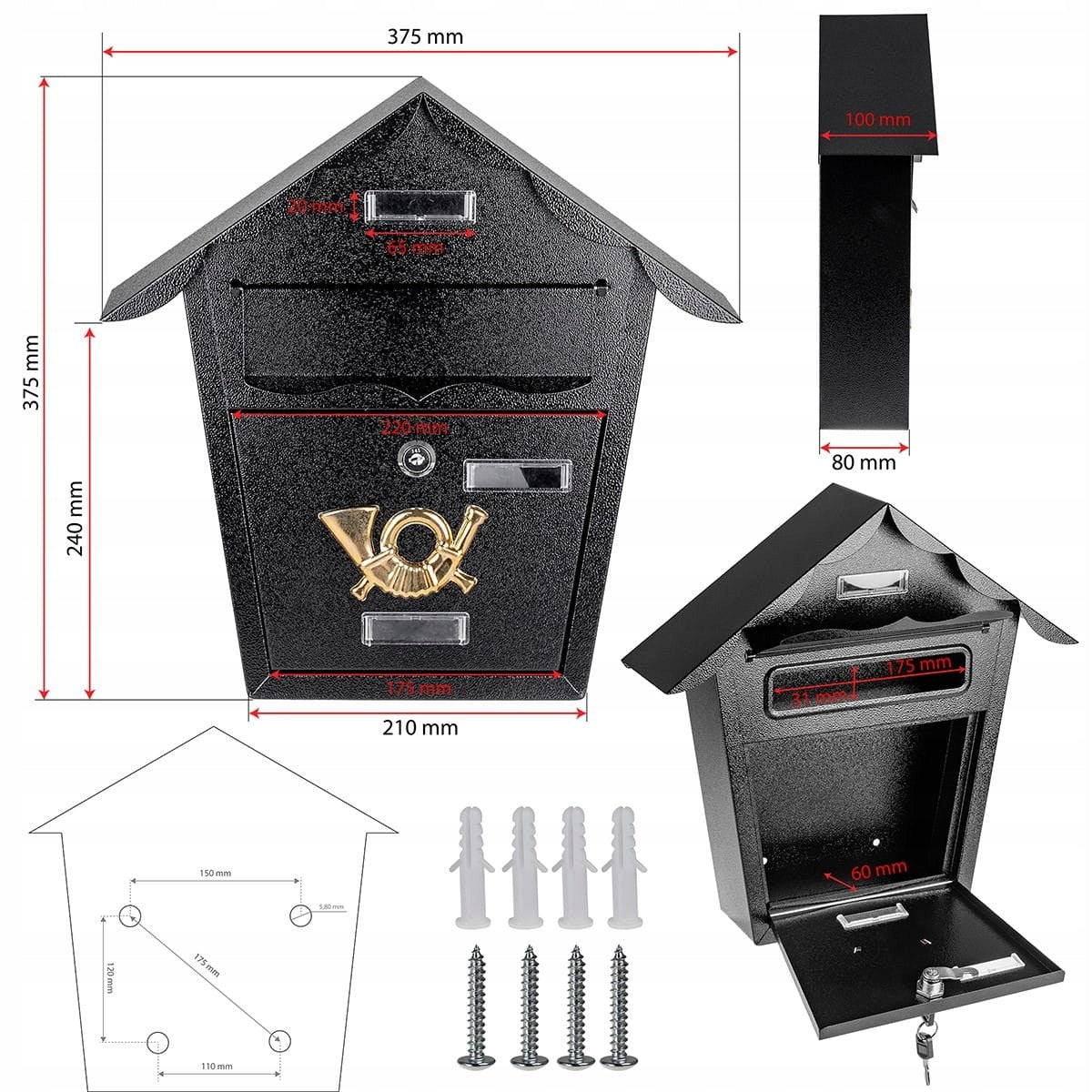 Cutie postala eleganta din metal negru, design clasic cu emblema aurie, rezistenta la intemperii, 38x38x10cm