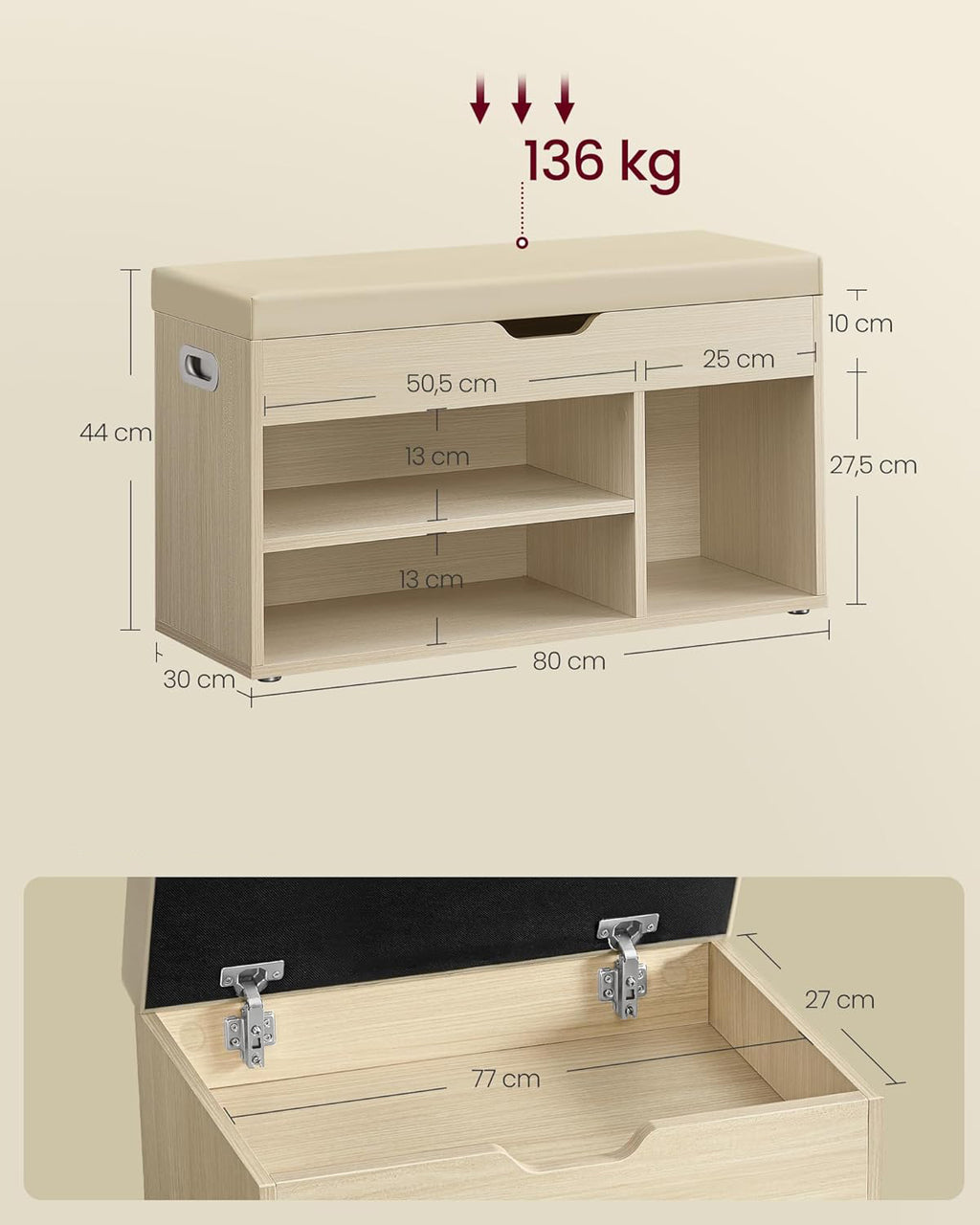 VASAGLE Pantofar cu banca, capitonata, 3 compartimente, sarcina 150 kg, 30x80x44cm, modern, bej