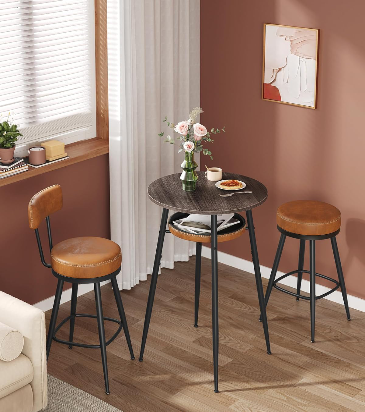 VASAGLE Masa de bar maro, 70x70x91 cm – design elegant cu piele artificiala, blat 60 cm, stabila si usor de asamblat