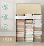 SONGMICS Cos de rufe din bambus, pliabil, cu captuseala detasabila lavabila, 3 compartimente, 150L, 60x40x62cm, gri