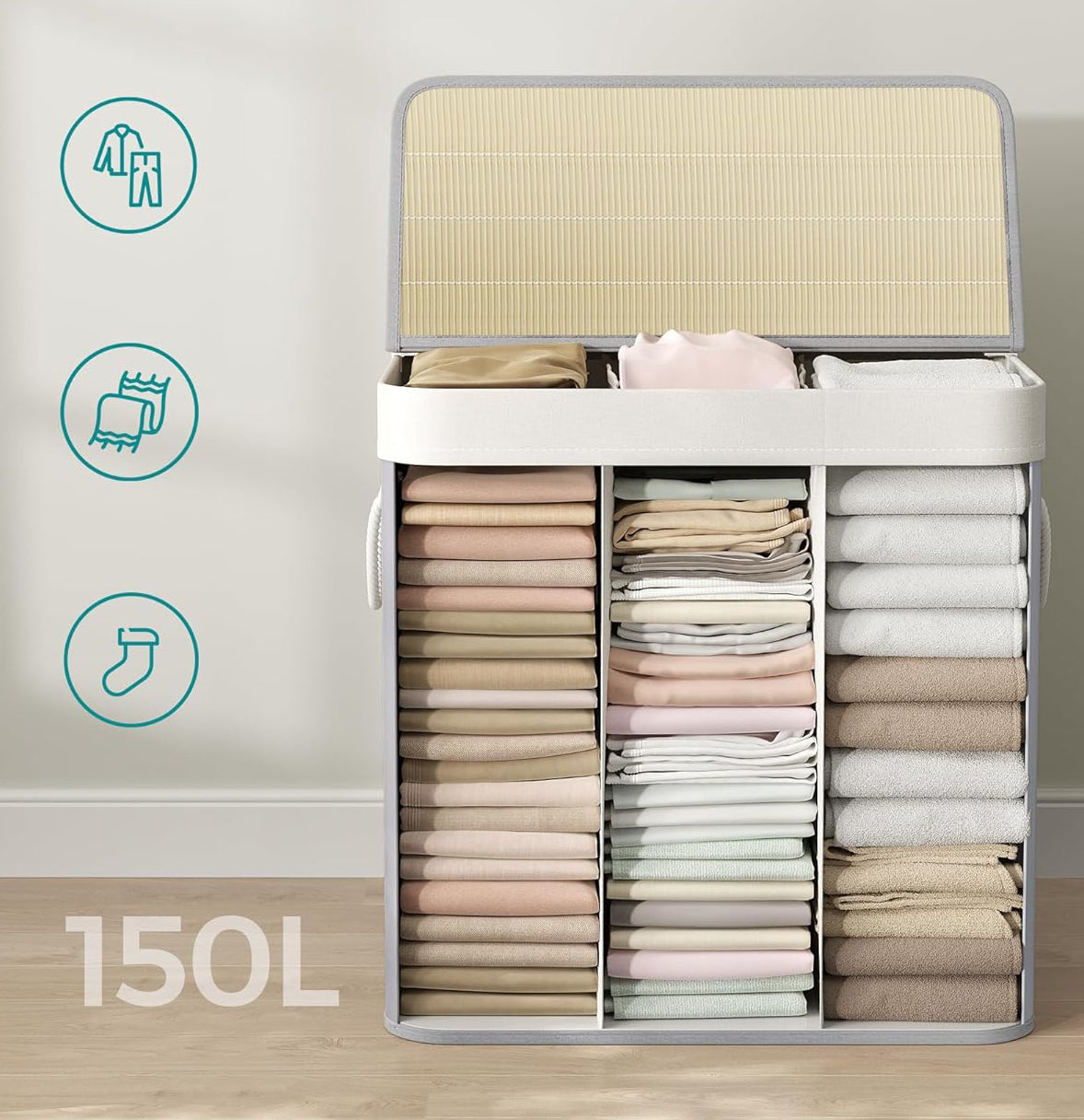 SONGMICS Cos de rufe din bambus, pliabil, cu captuseala detasabila lavabila, 3 compartimente, 150L, 60x40x62cm, gri