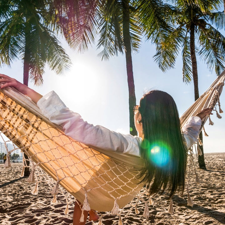 Hamac doua persoane cu franjuri si 2 perne, 200kg, 200×150 cm, bej