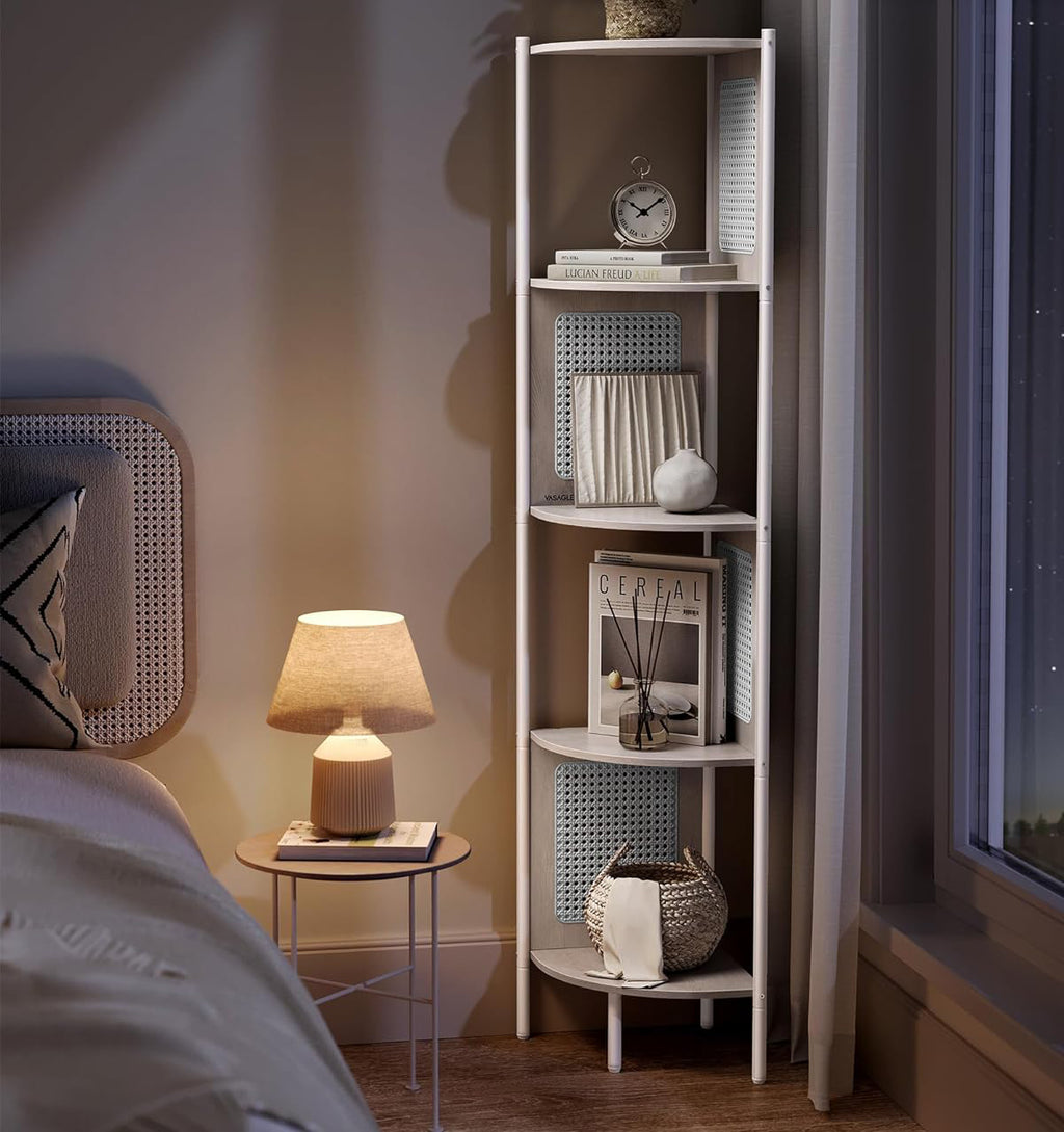 VASAGLE Raft de colt boho, cadru metalic, polite MDF si panouri poliratan, 32x32x156cm, alb