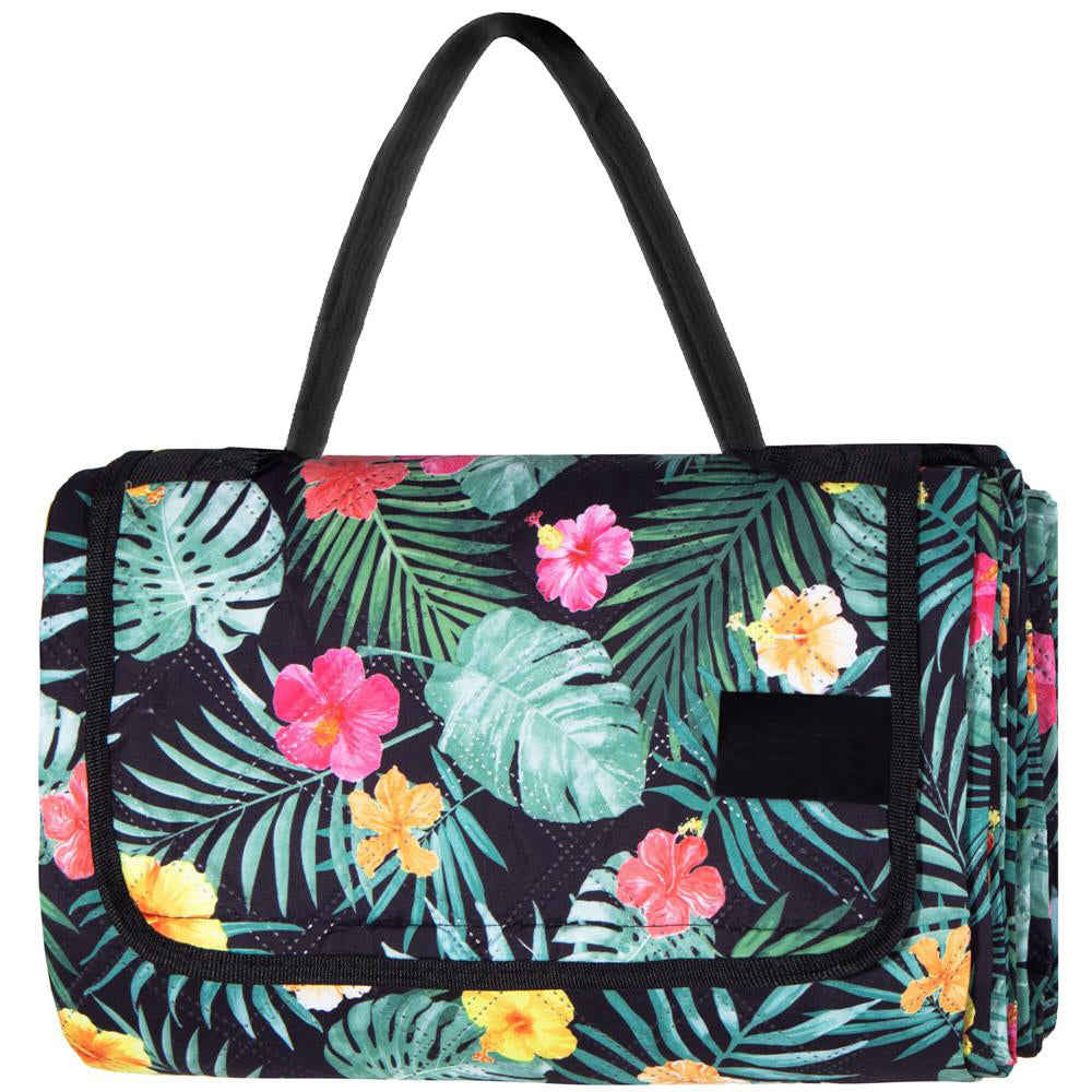 Patura pentru picnic sau plaja, cu folie izolatoare si maner, 200x200cm, negru floral