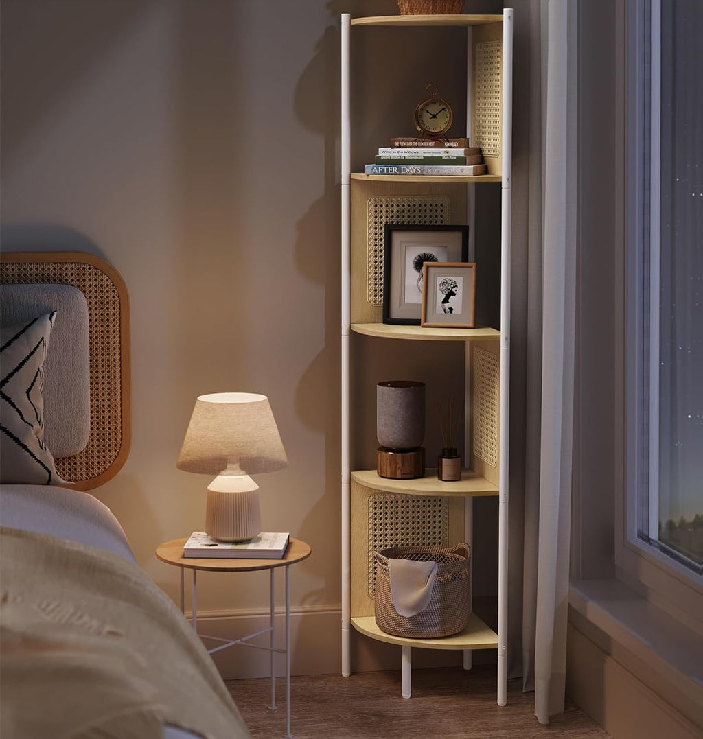 VASAGLE Raft de colt boho, cadru metalic, polite MDF si panouri poliratan, 32x32x156cm, bej