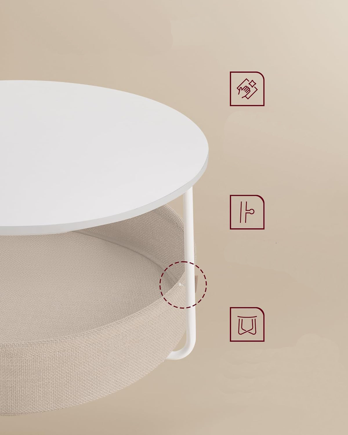 VASAGLE Masuta de cafea rotunda cu cos de stofa, stil modern, 45x75cm, alb cu bej