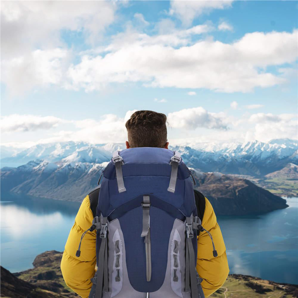 Rucsac tactic militar pentru drumetie, cu husa de ploaie, 60 litri, 25 kg, 70x40x24 cm, gri albastru