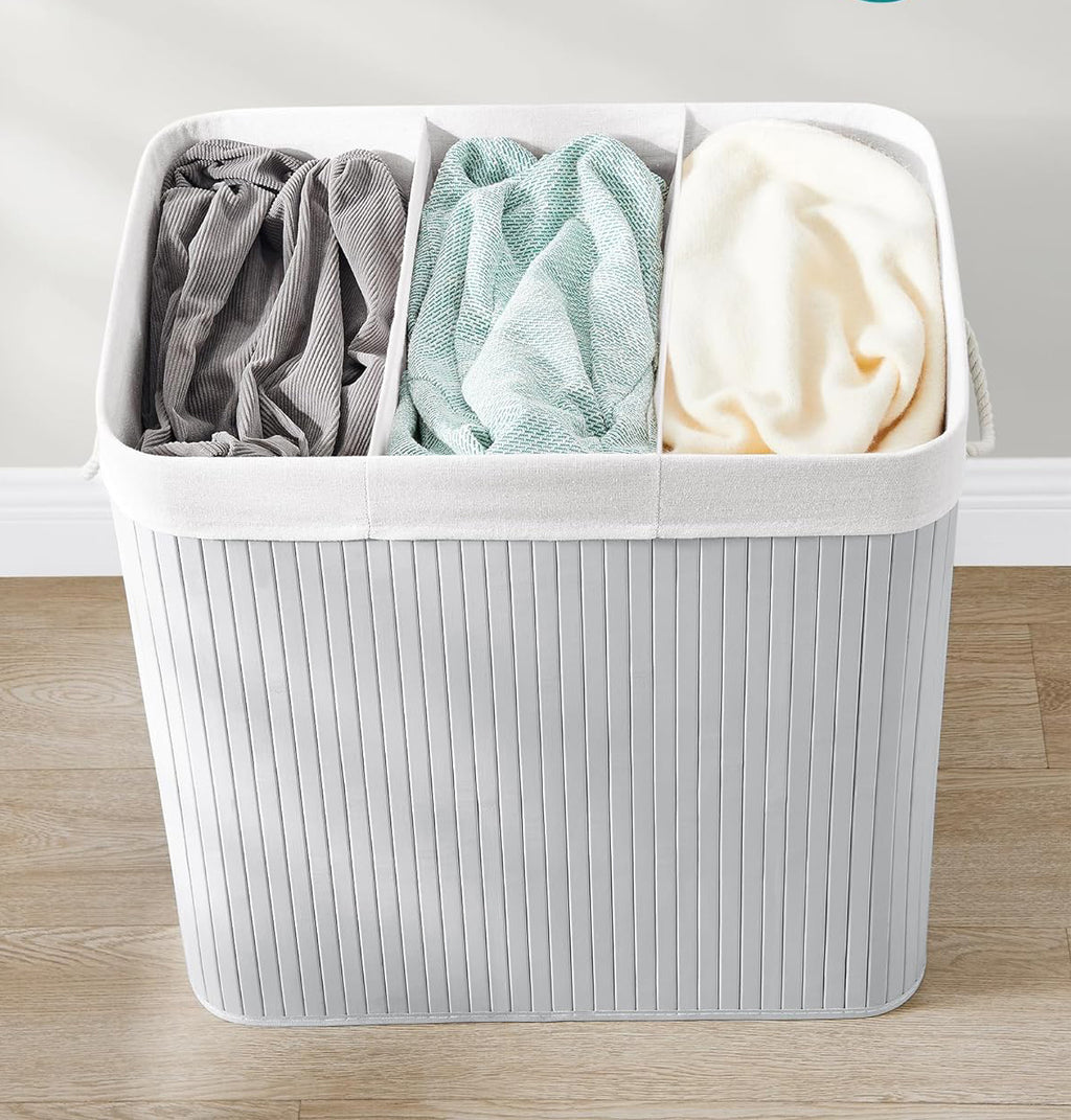 SONGMICS Cos de rufe din bambus, pliabil, cu captuseala detasabila lavabila, 3 compartimente, 150L, 60x40x62cm, gri