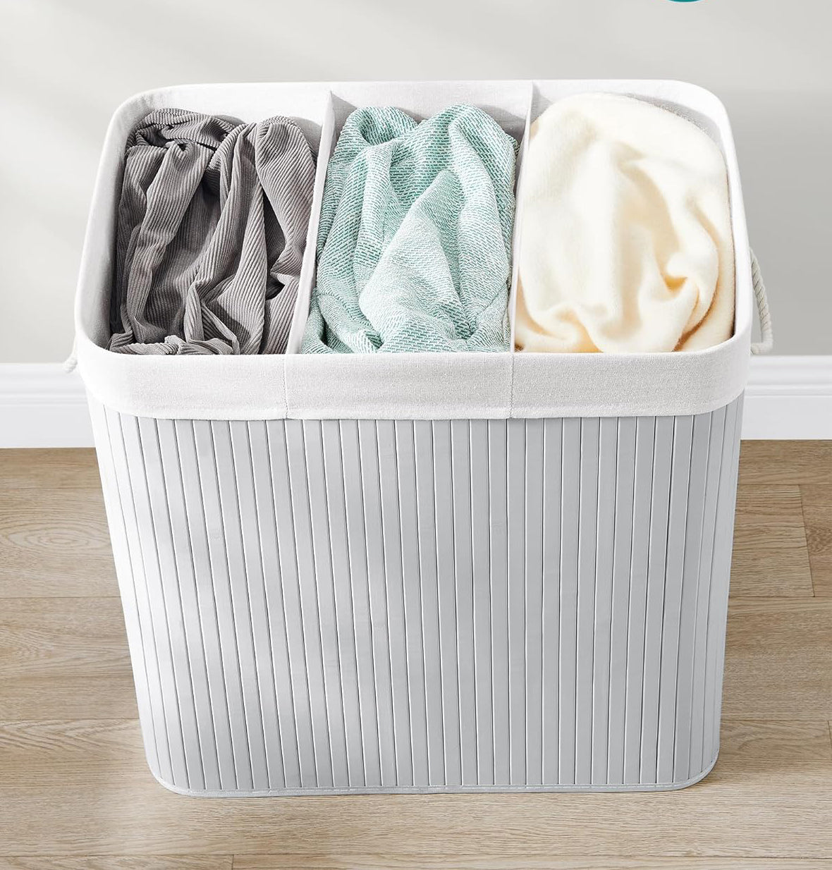 SONGMICS Cos de rufe din bambus, pliabil, cu captuseala detasabila lavabila, 3 compartimente, 150L, 60x40x62cm, gri