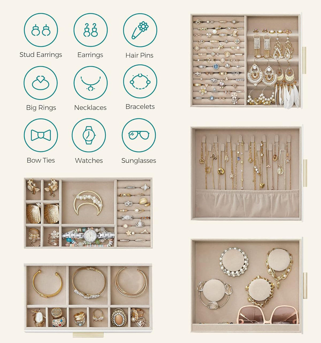 SONGMICS Cutie de bijuterii cu 3 sertare laterale, fereastra si oglinda mare, 16x26x32 cm, alb