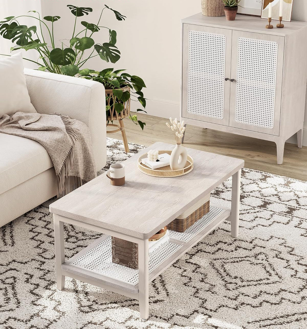 VASAGLE Masuta de cafea, din MDF, cu spatiu de depozitare pe 2 nivele, 55x100x45 cm, stil boho, bej