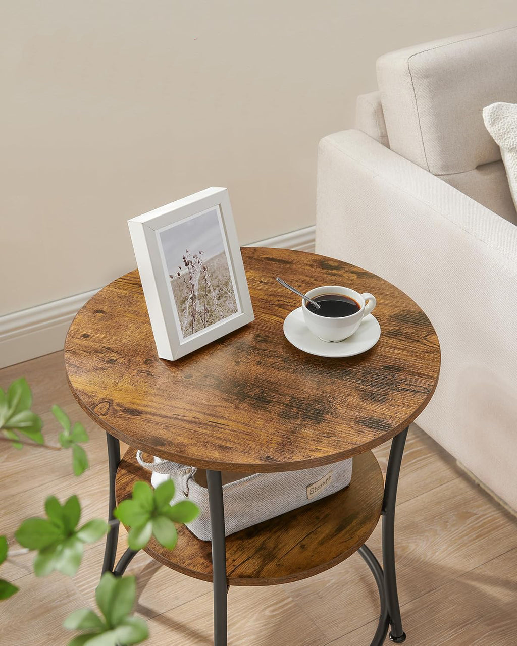 VASAGLE Masuta laterala rotunda, tip noptiera, cu 2 rafturi, cadru de otel, 55x55cm, maro rustic