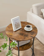 VASAGLE Masuta laterala rotunda, tip noptiera, cu 2 rafturi, cadru de otel, 55x55cm, maro rustic