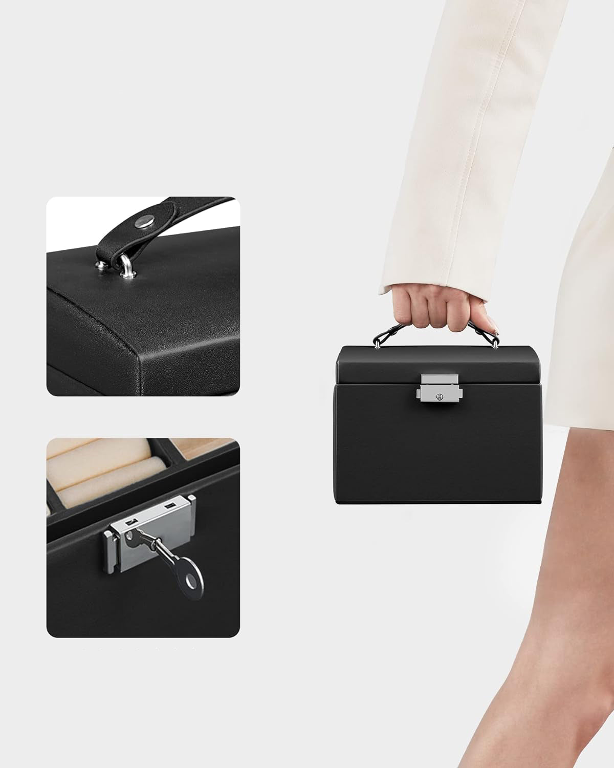 SONGMICS Cutie de bijuterii cu 3 nivele, 2 sertare, oglinda si incuietoare, 14x18x14cm, negru