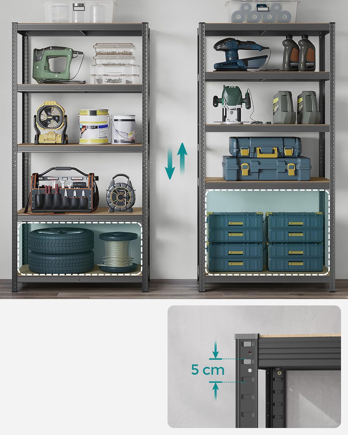 SONGMICS Raft de depozitare metalic, cu rafturi din MDF, 5 polite, max. 600 kg, 200x100x50cm, gri