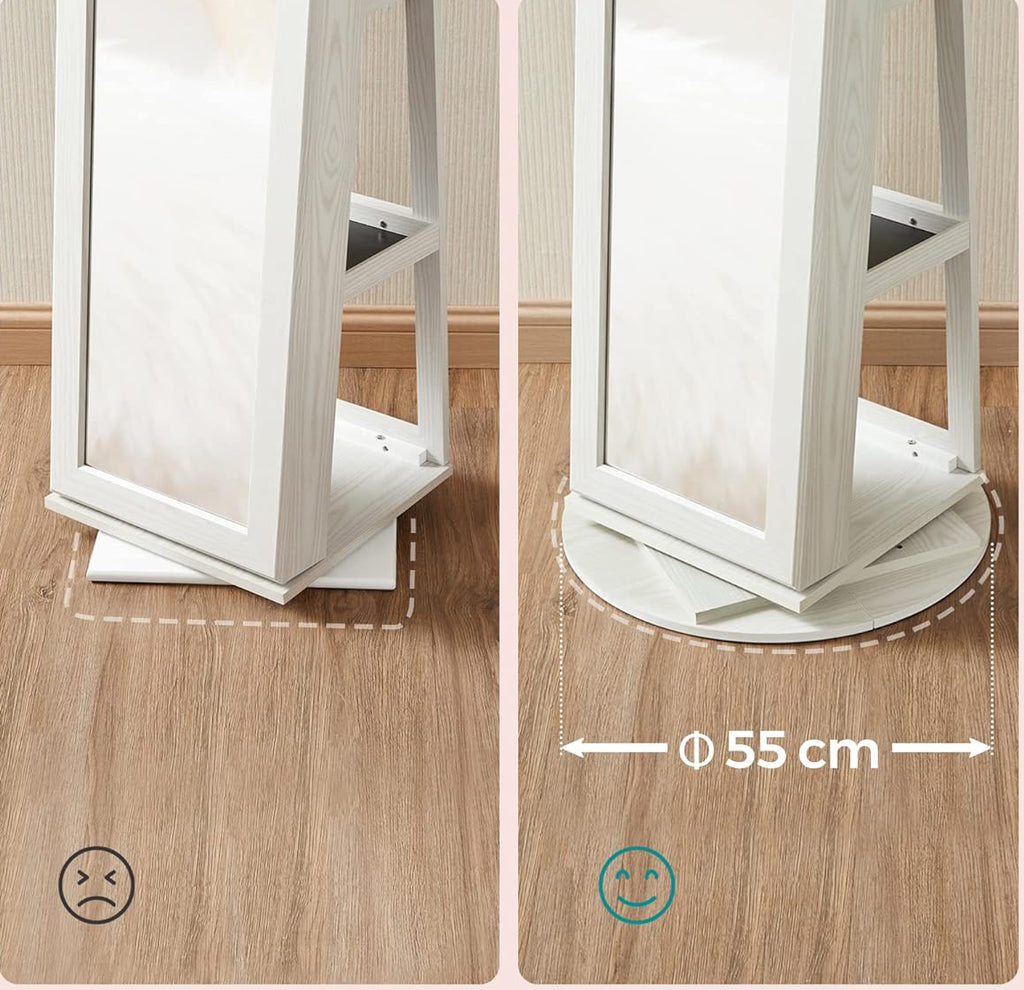 SONGMICS Oglinda de podea cu suport rotativ la 360°, cu spatiu de depozitare, 55x55x161cm, alb cenusiu