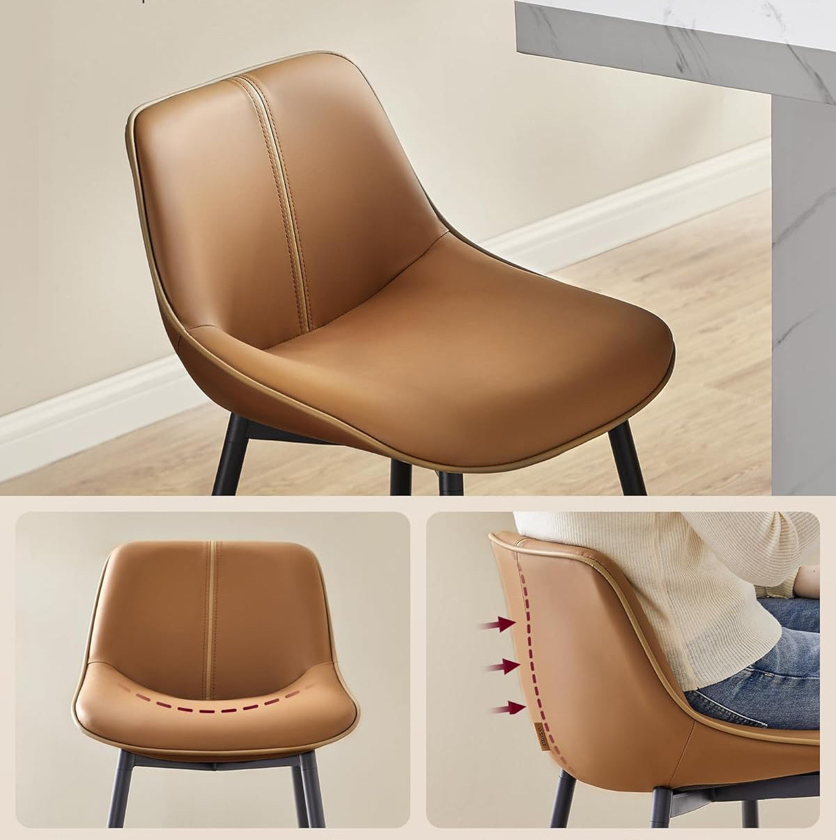 VASAGLE Set 2 scaune de bar, spatar ergonomic din piele ecologica, cadru metalic, 50x50x99 cm, maro caramel