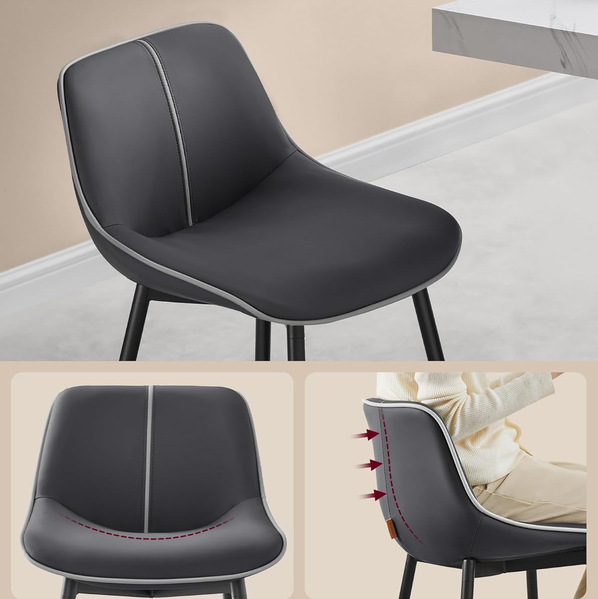 VASAGLE Set 2 scaune de bar, spatar ergonomic din piele ecologica, cadru metalic, 50x50x99 cm, negru