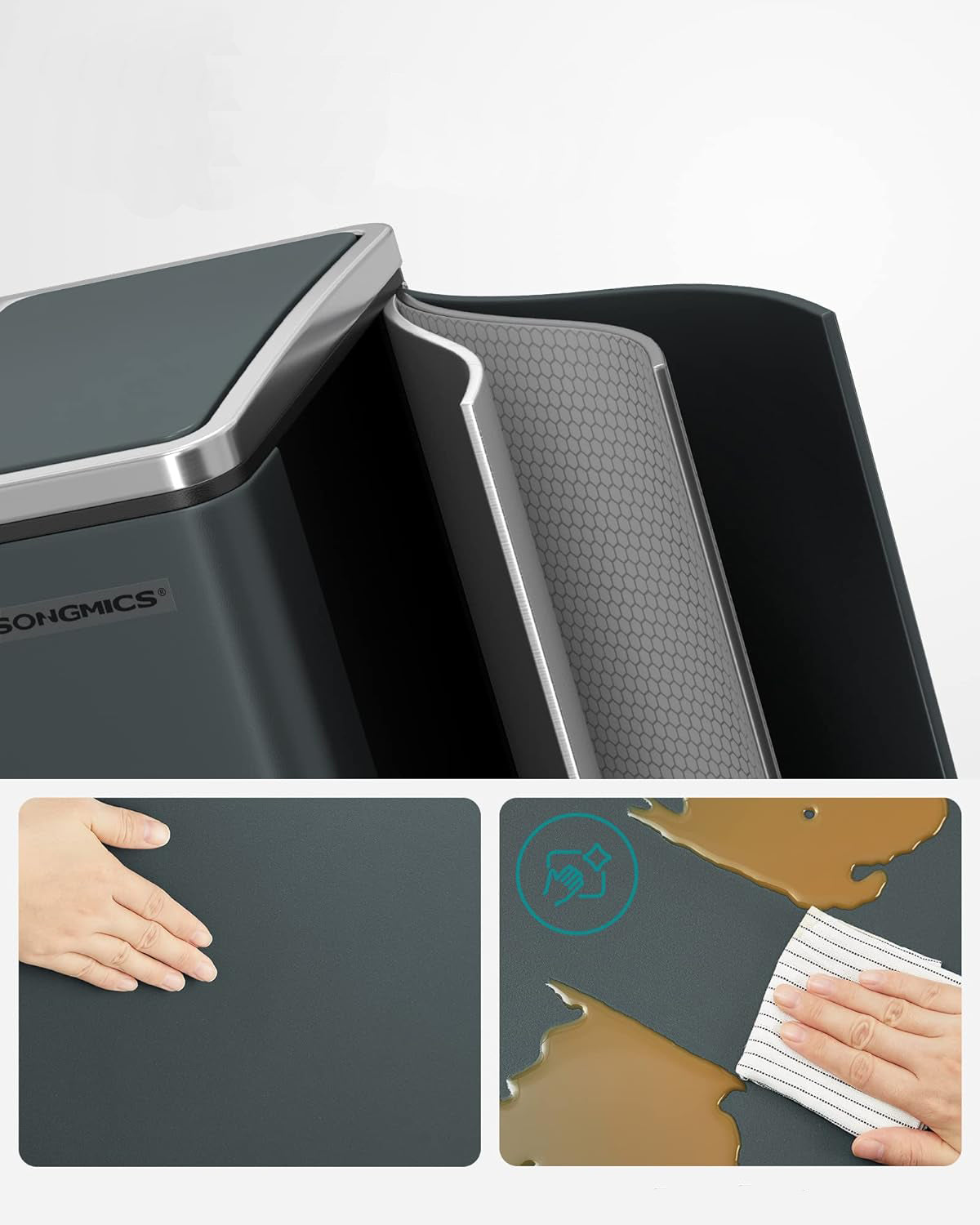 SONGMICS Cos de gunoi din inox cu 2 compartimente colectare selectiva, cu galeti interioare, 2x15litri, gri