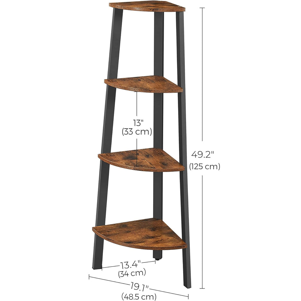 VASAGLE Raft de colt cu 4 etaje, tip biblioteca, cadru metal si polite lemn, industrial, 34x34x125cm, maro rustic