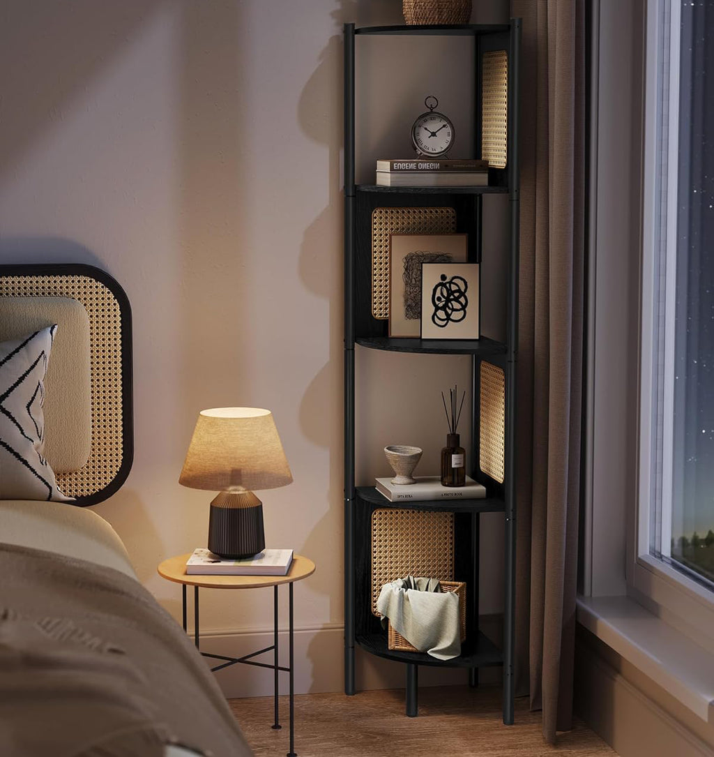 VASAGLE Raft de colt boho, cadru metalic, polite MDF si panouri poliratan, 32x32x156cm, negru