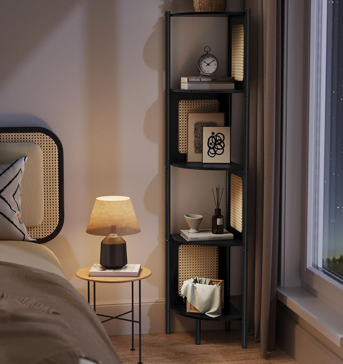 VASAGLE Raft de colt boho, cadru metalic, polite MDF si panouri poliratan, 32x32x156cm, negru