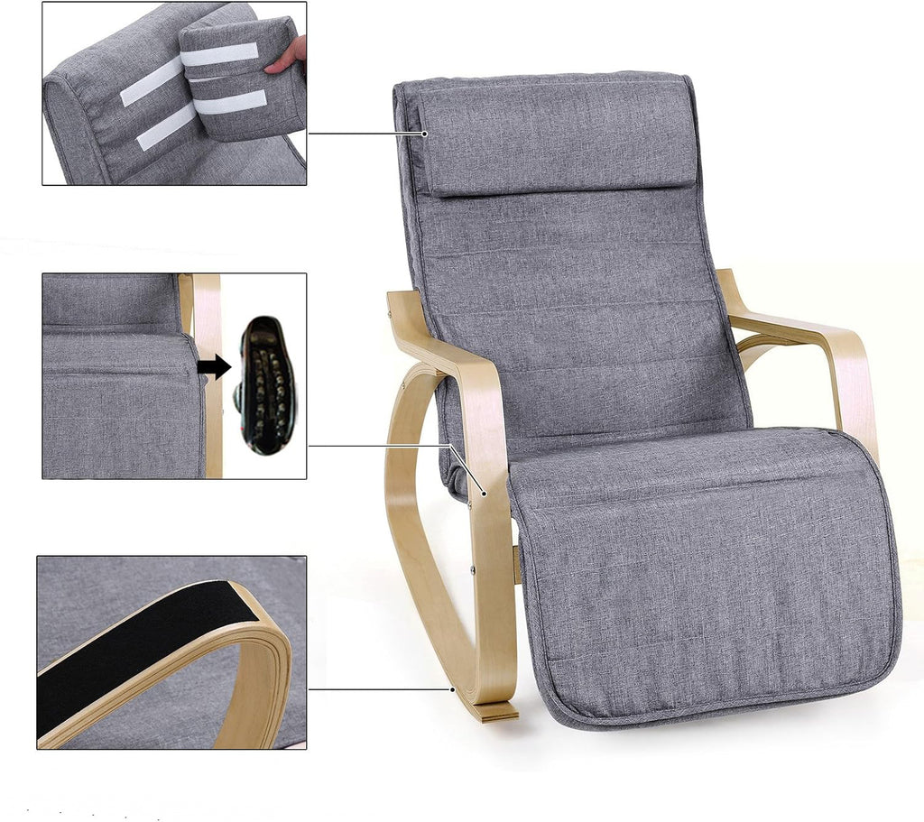 SONGMICS Scaun balansoar din lemn, suport picioare reglabil, maxim 150kg, 55x122x84cm, gri inchis