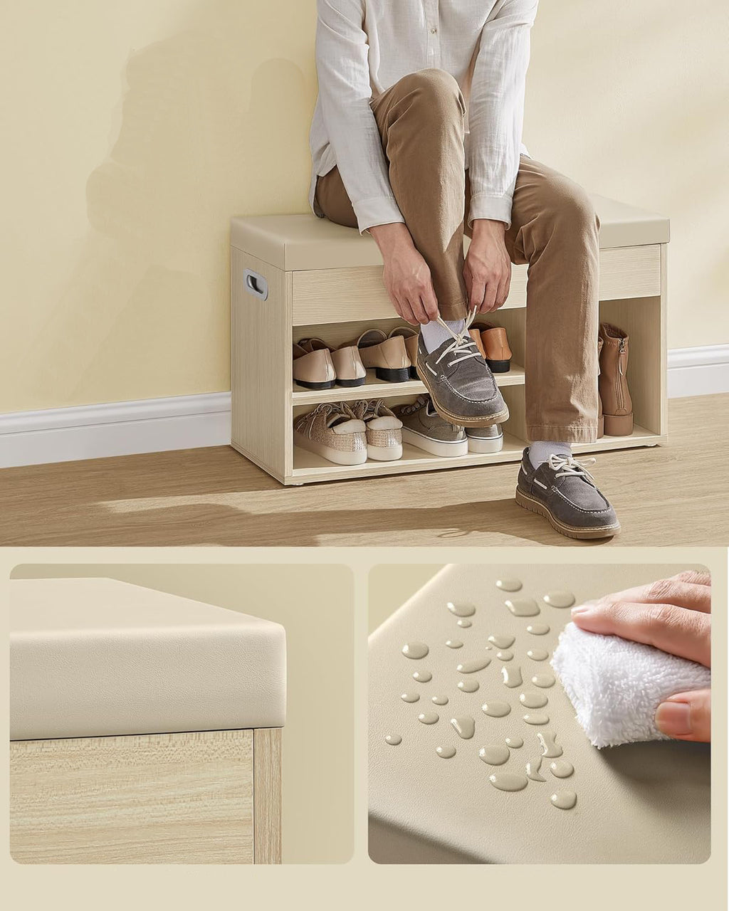 VASAGLE Pantofar cu banca, capitonata, 3 compartimente, sarcina 150 kg, 30x80x44cm, modern, bej